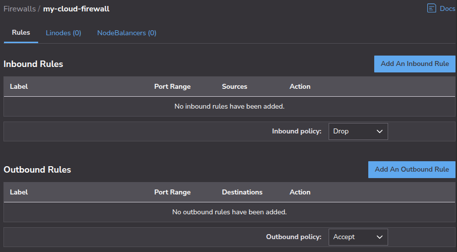 Cloud Manager screenshot showing newly created firewall.