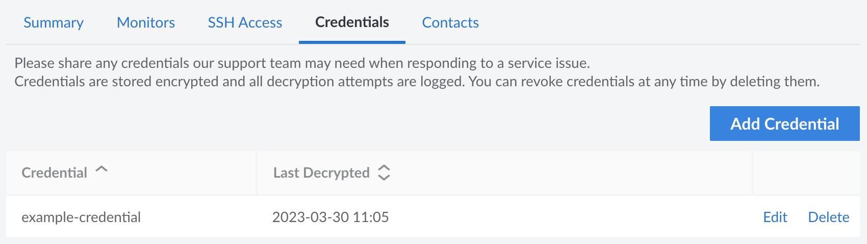 Screenshot of credentials for Managed Services in Cloud Manager Screenshot of credentials for Managed Services in Cloud Manager